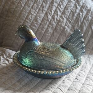 Indiana Glass Hen on Nest Decorative Dish - Irredescent Blue/Green